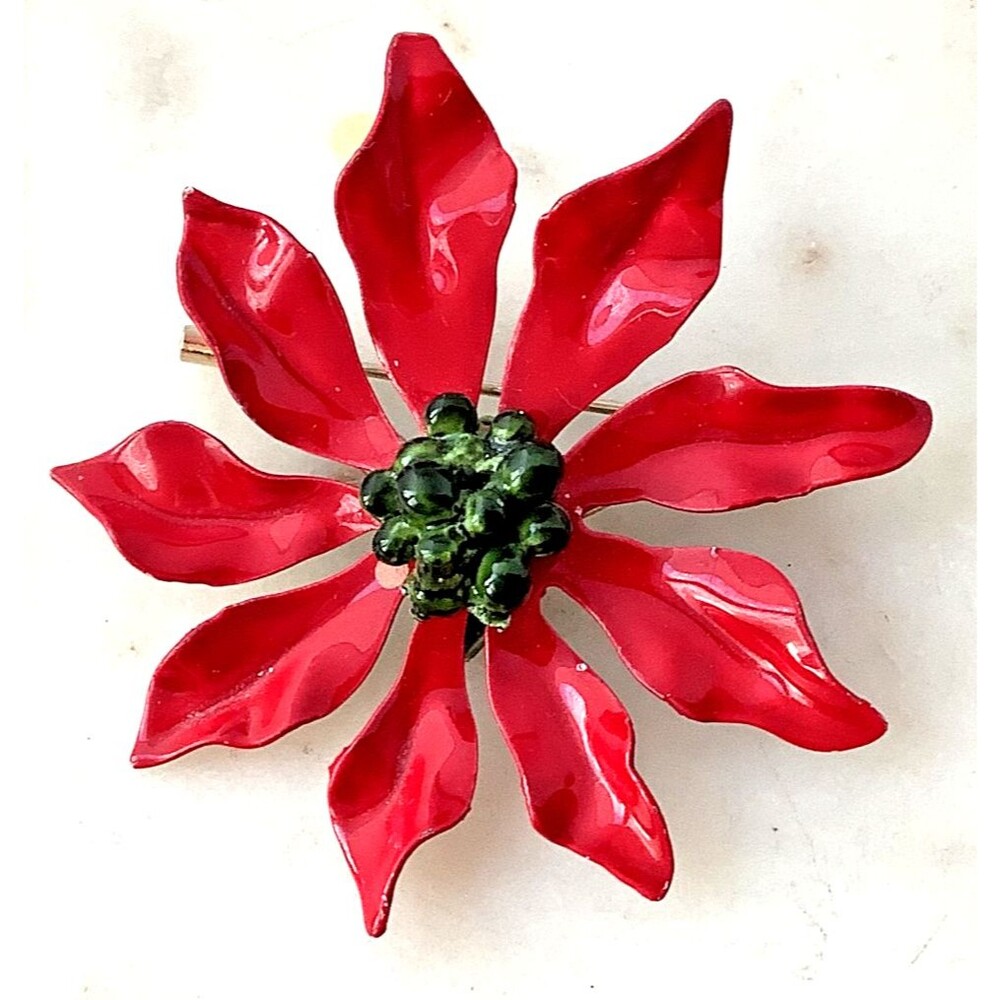Vintage Enamel Flower Brooch Metal Poinsettia Red Green Christmas Holiday Pin